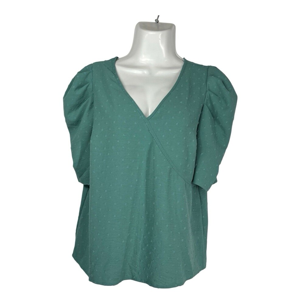 Misia Women Top Blouse Large Green Swiss Dot Puff Sleeve V-Neck Casual